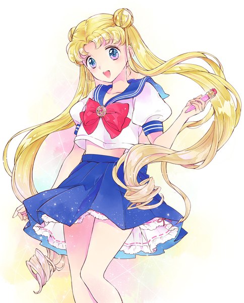 Anime picture 807x1000 with bishoujo senshi sailor moon toei animation tsukino usagi sami (3a3i3a3i) single long hair tall image looking at viewer open mouth blue eyes simple background blonde hair standing white background purple eyes twintails holding pleated skirt pink eyes bare belly
