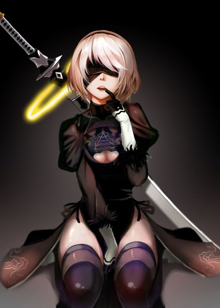 Anime picture 1435x2000 with nier nier:automata yorha no. 2 type b as109 look single tall image fringe short hair breasts open mouth light erotic simple background sitting holding pink hair bent knee (knees) lips grey background mole