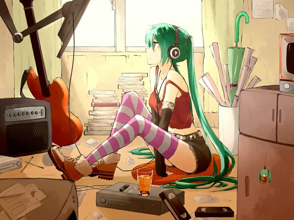 Anime picture 1000x750 with vocaloid hatsune miku n i n o single long hair blush fringe twintails full body profile aqua hair alternate costume closed umbrella girl thighhighs detached sleeves shorts boots belt book (books)