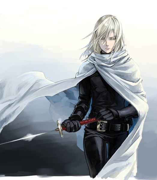 Anime picture 724x831 with one-punch man madhouse senkou no flash indesign single long hair tall image fringe simple background blonde hair yellow eyes wind gradient background boy gloves weapon sword black gloves belt katana