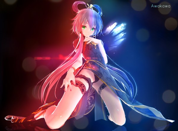 Anime picture 2700x2000 with vocaloid vocaloid china luo tianyi awakawayui single long hair looking at viewer fringe highres light erotic smile standing green eyes blue hair pink hair bent knee (knees) traditional clothes japanese clothes multicolored hair two-tone hair