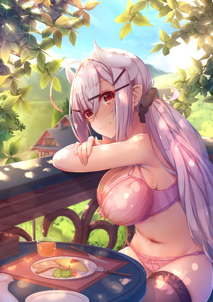 Anime picture 2000x2829 with original if (asita) single long hair tall image blush fringe highres breasts light erotic smile hair between eyes red eyes large breasts bare shoulders payot sky cleavage silver hair ahoge