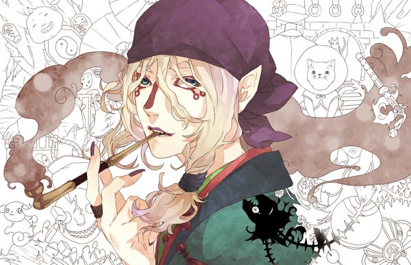 Anime picture 1000x645 with mononoke toei animation kusuriuri (mononoke) tagme (artist) long hair blonde hair green eyes nail polish traditional clothes pointy ears facial mark smoke smoking boy ring bandana pipe kiseru