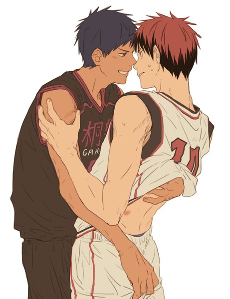 Anime picture 700x910 with kuroko no basket production i.g aomine daiki kagami taiga kuehsy tall image fringe short hair blue eyes light erotic simple background smile red eyes white background blue hair red hair multiple boys dark skin muscle shounen ai