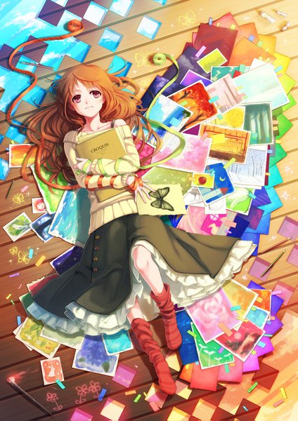Anime picture 893x1263 with original juuni kei single long hair tall image fringe holding looking away bent knee (knees) lying pink eyes light smile from above orange hair off shoulder wavy hair checkered floor frilly skirt floor drawing