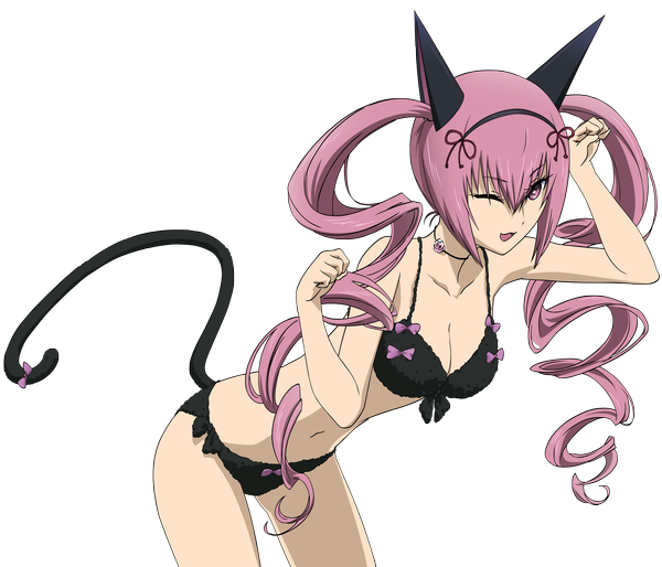 Anime picture 5017x4300 with steins;gate white fox faris nyannyan kotekigo single long hair highres breasts open mouth light erotic smile large breasts twintails animal ears pink hair absurdres animal tail one eye closed pink eyes wink