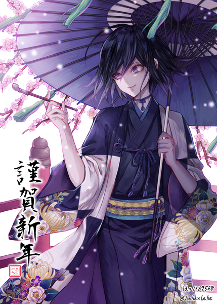 Anime picture 691x967 with dangan ronpa new danganronpa v3 ouma kokichi z-epto (chat-noir86) single tall image fringe short hair black hair smile hair between eyes standing purple eyes holding signed looking away ahoge traditional clothes japanese clothes wide sleeves