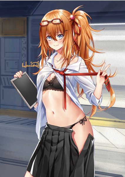 Anime-Bild 900x1271 mit girls frontline kalina (girls frontline) haneru single long hair tall image looking at viewer blush fringe breasts blue eyes light erotic hair between eyes brown hair standing holding signed payot pleated skirt light smile