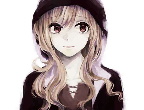 Anime picture 1050x800 with kagerou project shaft (studio) kano shuuya omya pon single long hair open mouth smile brown hair white background brown eyes looking away wavy hair girl hood