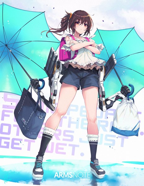 Anime picture 1015x1310 with arms note fukai ryosuke single long hair tall image blush fringe hair between eyes brown hair standing holding brown eyes signed payot full body copyright name text side ponytail crossed arms english