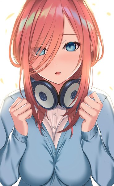 Anime picture 739x1199 with go-toubun no hanayome nakano miku kakaon single long hair tall image looking at viewer blush fringe open mouth blue eyes simple background payot pink hair upper body long sleeves hair over one eye headphones around neck girl uniform