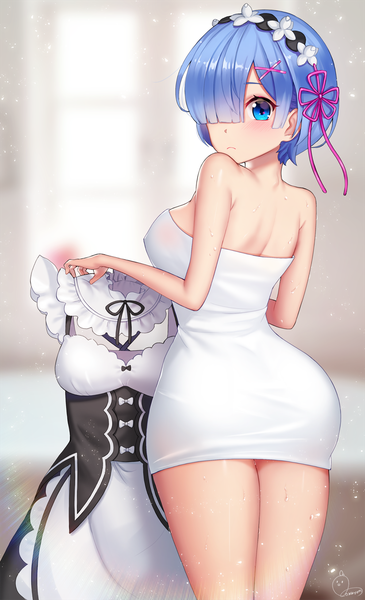 Anime picture 1000x1643 with re:zero kara hajimeru isekai seikatsu white fox rem (re:zero) ango single tall image looking at viewer blush fringe short hair breasts blue eyes light erotic blue hair hair over one eye maid naked towel girl dress uniform