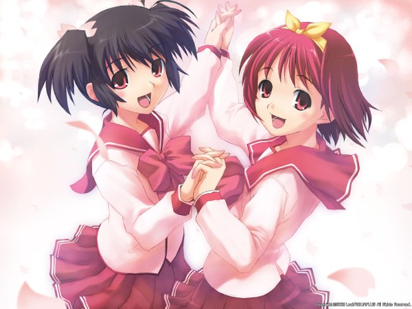 Anime picture 1280x960 with to heart 2 to heart leaf (studio) yuzuhara konomi kamigishi akari looking at viewer fringe short hair open mouth black hair simple background white background twintails multiple girls pink hair upper body pink eyes wind holding hands girl