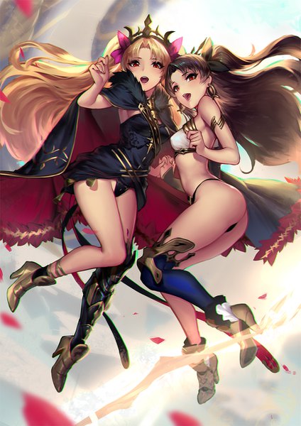 Anime picture 905x1280 with fate (series) fate/grand order ishtar (fate) ereshkigal (fate) cian yo long hair tall image looking at viewer fringe open mouth light erotic black hair blonde hair smile red eyes multiple girls sky cloud (clouds) full body bent knee (knees)