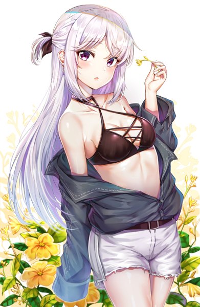 Anime picture 1814x2781 with original nyung single long hair tall image looking at viewer blush fringe highres breasts open mouth light erotic simple background standing white background purple eyes bare shoulders holding payot cleavage