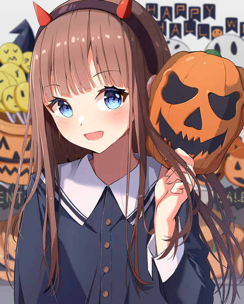 Anime picture 1500x1873 with original seero single long hair tall image looking at viewer fringe open mouth blue eyes smile brown hair holding upper body long sleeves :d horn (horns) blurry halloween happy halloween girl