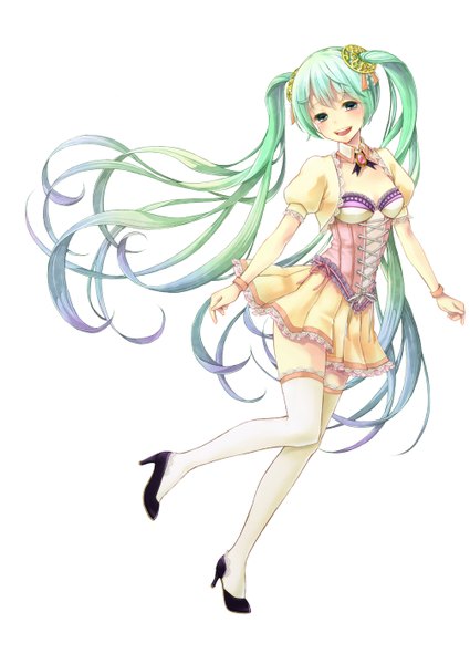 Anime picture 1003x1417 with vocaloid hatsune miku punyoko single tall image looking at viewer blush open mouth simple background smile white background twintails very long hair aqua eyes aqua hair girl thighhighs dress white thighhighs