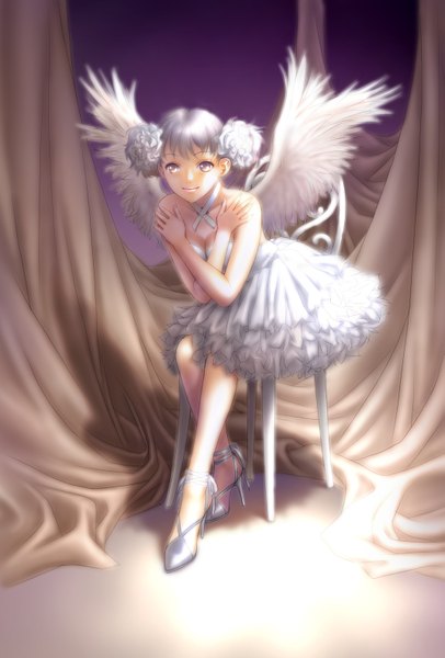 Anime picture 1069x1580 with original toshiki yui single tall image looking at viewer short hair breasts smile sitting purple eyes cleavage silver hair white wings ballerina girl dress wings shoes white dress chair