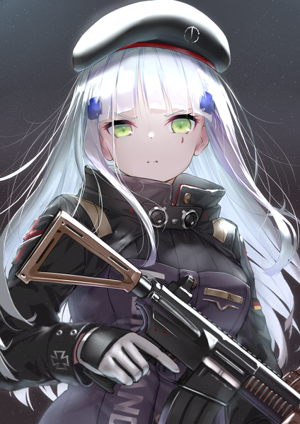 Anime picture 1200x1697 with girls frontline hk416 (girls frontline) kachayori single long hair tall image looking at viewer fringe simple background green eyes upper body white hair blunt bangs facial mark dark background trigger discipline girl weapon gun beret