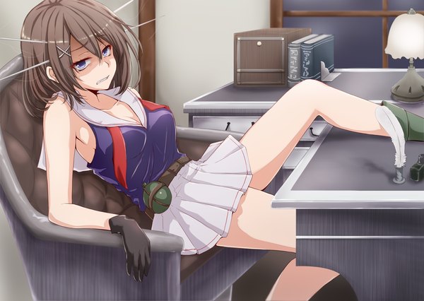 Anime picture 1200x853 with kantai collection maya heavy cruiser anti (0324) single short hair brown hair sitting purple eyes legs girl skirt gloves hair ornament black gloves book (books) x hair ornament table armchair