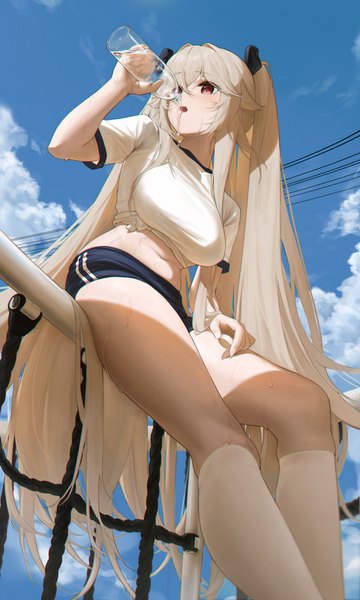 Anime picture 2103x3508 with azur lane anchorage (azur lane) l ract single long hair tall image fringe highres breasts open mouth light erotic blonde hair hair between eyes red eyes large breasts sitting twintails holding looking away sky