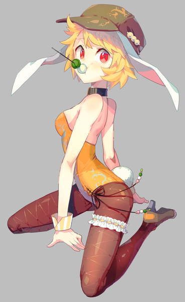 Anime picture 1024x1663 with touhou ringo (touhou) keemoringo single tall image blush light erotic blonde hair simple background red eyes bare shoulders animal ears looking away tail animal tail grey background arm support bunny ears alternate costume kneeling