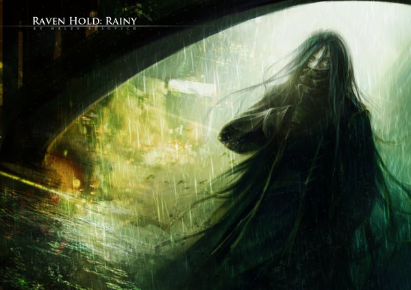 Аниме картинка 1257x889 с оригинальное изображение nagare-boshi (artist) один (одна) зелёные глаза очень длинные волосы зелёные волосы реалистичный надпись дождь мужчина вода плащ