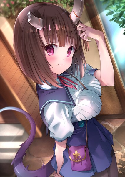 Anime picture 702x991 with princess connect! kuraishi eriko inuno pesu single tall image blush fringe short hair breasts light erotic smile brown hair large breasts standing tail blunt bangs pink eyes arm up horn (horns) alternate costume