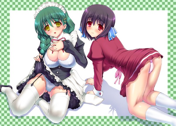 Anime picture 1300x930 with ladies versus butlers! saikyou tomomi shikikagami sanae kotobuki utage blush breasts light erotic black hair smile red eyes large breasts multiple girls yellow eyes ass green hair maid skirt lift on all fours girl thighhighs
