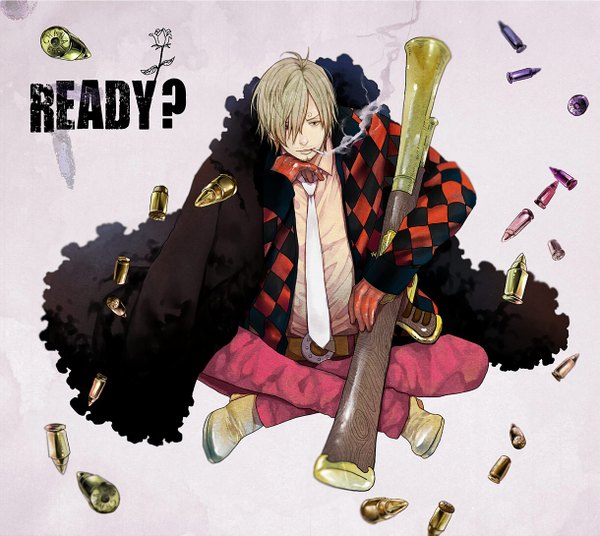 Anime picture 1219x1089 with one piece toei animation sanji yuu (1969loy) single fringe short hair blonde hair sitting brown eyes ahoge hair over one eye inscription arm support crossed legs mouth hold smoke clothes on shoulders smoking boy