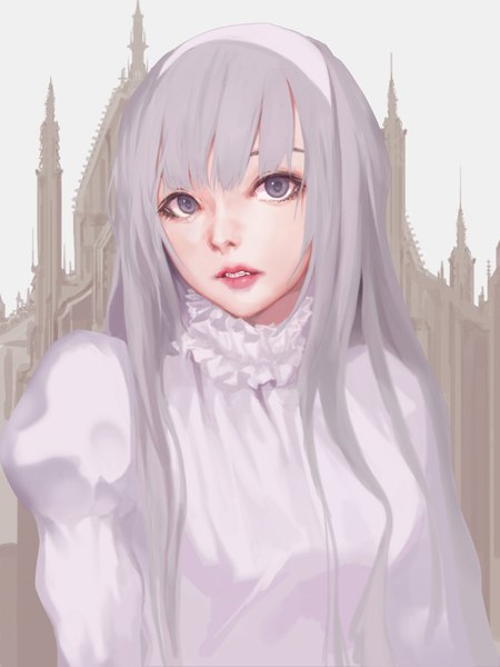 Anime picture 750x1000 with original jname single long hair tall image looking at viewer fringe purple eyes upper body long sleeves grey hair realistic lipstick portrait girl headband