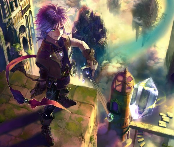 Anime picture 1654x1395 with umiu geso short hair sky purple hair heterochromia city boy weapon jewelry