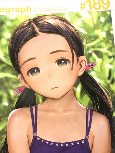 Anime picture 3024x4032 with futuregraph range murata single long hair tall image looking at viewer highres black hair twintails bare shoulders brown eyes absurdres low twintails expressionless photo (medium) girl camisole