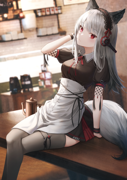 Anime-Bild 2827x4013 mit arknights frostleaf (arknights) flippy (cripine111) single long hair tall image looking at viewer blush fringe highres red eyes sitting animal ears indoors tail blunt bangs animal tail arm up grey hair arm support