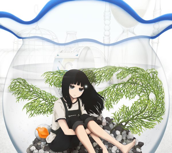 Anime picture 1350x1200 with original yajirushi (chanoma) single long hair looking at viewer black hair barefoot black eyes underwater girl t-shirt aquarium algae