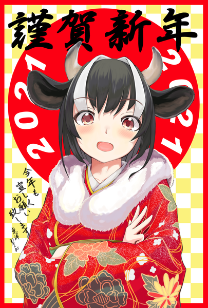 Anime picture 3400x5032 with original risiyun single tall image looking at viewer blush highres short hair open mouth black hair red eyes animal ears absurdres upper body traditional clothes :d japanese clothes multicolored hair horn (horns) two-tone hair