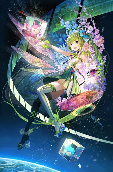 Anime picture 1104x1680 with original fuzichoco long hair tall image looking at viewer fringe open mouth blue eyes bare shoulders bent knee (knees) green hair outstretched arm side ponytail space girl thighhighs dress flower (flowers) black thighhighs plant (plants)