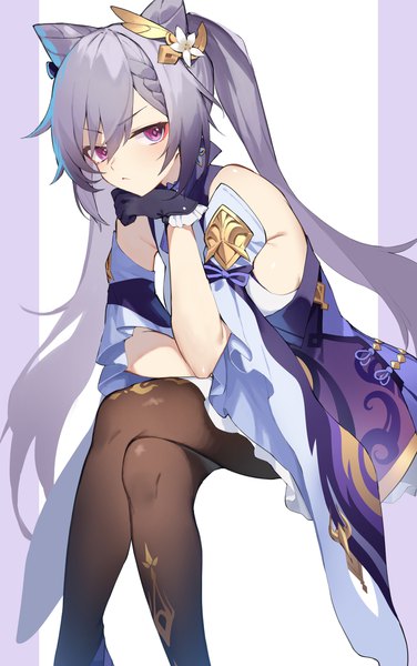 Anime picture 1404x2240 with genshin impact keqing (genshin impact) yuuuuu single long hair tall image looking at viewer fringe simple background hair between eyes white background sitting twintails payot purple hair pink eyes wide sleeves hair bun (hair buns) crossed legs symbol-shaped pupils