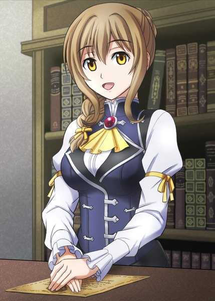 Anime picture 715x1000 with goblin slayer! guild girl (goblin slayer!) fujii satoshi single long hair tall image looking at viewer fringe breasts open mouth blonde hair smile hair between eyes large breasts standing yellow eyes payot upper body indoors braid (braids)