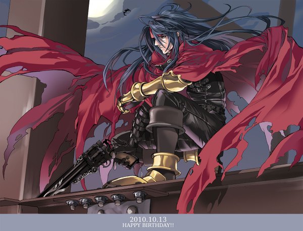 Anime picture 1500x1146 with final fantasy final fantasy vii square enix vincent valentine yonesuke single long hair red eyes sitting blue hair sky cloud (clouds) profile wind night night sky torn clothes squat boy weapon