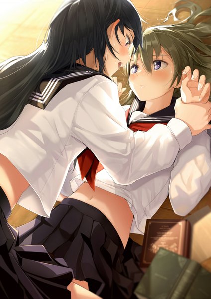 Anime picture 1253x1771 with original giba (out-low) long hair tall image blush fringe open mouth blue eyes black hair hair between eyes red eyes brown hair multiple girls lying long sleeves parted lips pleated skirt fingernails midriff on back
