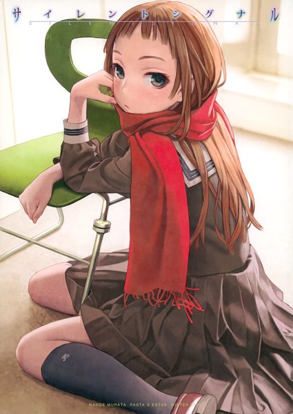 Anime picture 2889x4075 with original range murata single long hair tall image looking at viewer highres brown hair sitting signed long sleeves pleated skirt from behind black eyes wariza expressionless girl skirt uniform socks