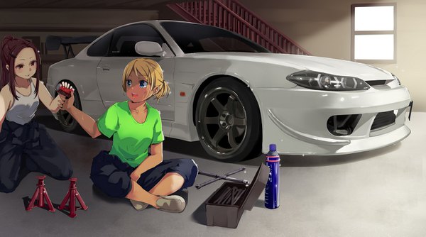 Anime picture 1352x753 with original nissan funyariko blush open mouth blue eyes blonde hair brown hair wide image sitting bare shoulders multiple girls holding brown eyes payot looking away full body bent knee (knees) ponytail indoors