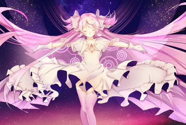 Anime picture 1924x1300 with mahou shoujo madoka magica shaft (studio) kaname madoka goddess madoka cangchen single highres breasts pink hair sky cleavage eyes closed very long hair light smile night two side up night sky outstretched arm magic space