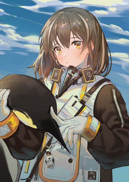 Anime picture 1653x2339 with arknights magallan (arknights) the emperor (arknights) krin single tall image looking at viewer blush fringe short hair black hair hair between eyes standing yellow eyes sky cloud (clouds) outdoors long sleeves multicolored hair two-tone hair