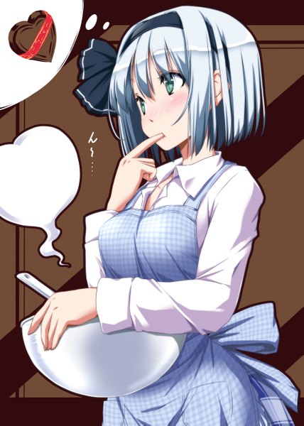Anime picture 893x1253 with touhou konpaku youmu nori tamago single tall image blush short hair blue eyes looking away silver hair valentine cooking finger in mouth girl shirt food hairband sweets apron speech bubble