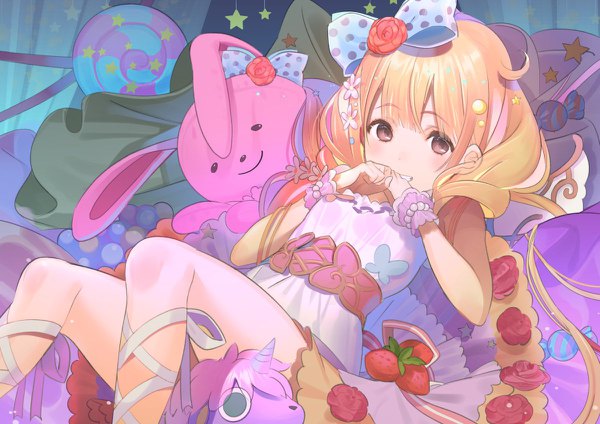 Anime picture 1200x848 with idolmaster idolmaster cinderella girls idolmaster cinderella girls starlight stage futaba anzu koyoi mitsuki single long hair looking at viewer fringe blonde hair brown eyes ahoge reclining lazy fairy girl dress bow hair bow star (symbol) toy