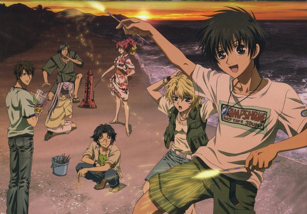 Anime picture 1745x1219 with kyou kara maou studio deen shibuya yuri wolfram von bielefeld conrad weller murata ken gwendal von voltaire gunter von christ anissina von karbelnikoff long hair highres short hair black hair blonde hair brown hair purple hair red hair alternate costume beach evening