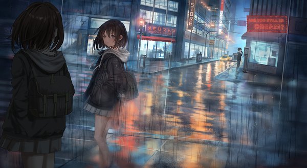 Anime picture 1828x1000 with original catzz fringe highres short hair hair between eyes brown hair wide image standing brown eyes looking away outdoors pleated skirt night open jacket city reflection solo focus rain hand in pocket