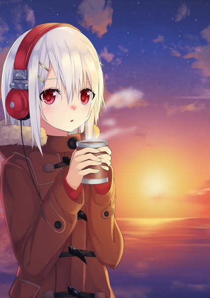 Anime picture 1300x1838 with original shigi (shigi 4) single tall image looking at viewer short hair red eyes sky cloud (clouds) white hair evening sunset girl headphones coat
